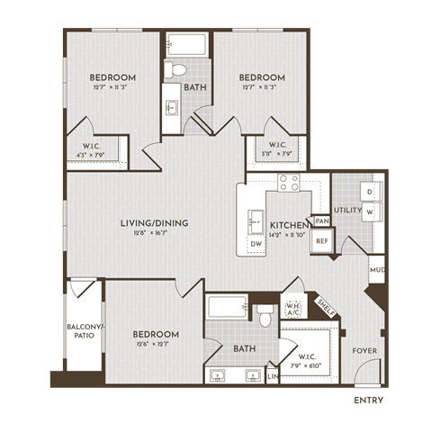 Floor plan for 3 beds, 2 baths, 1388 sqft